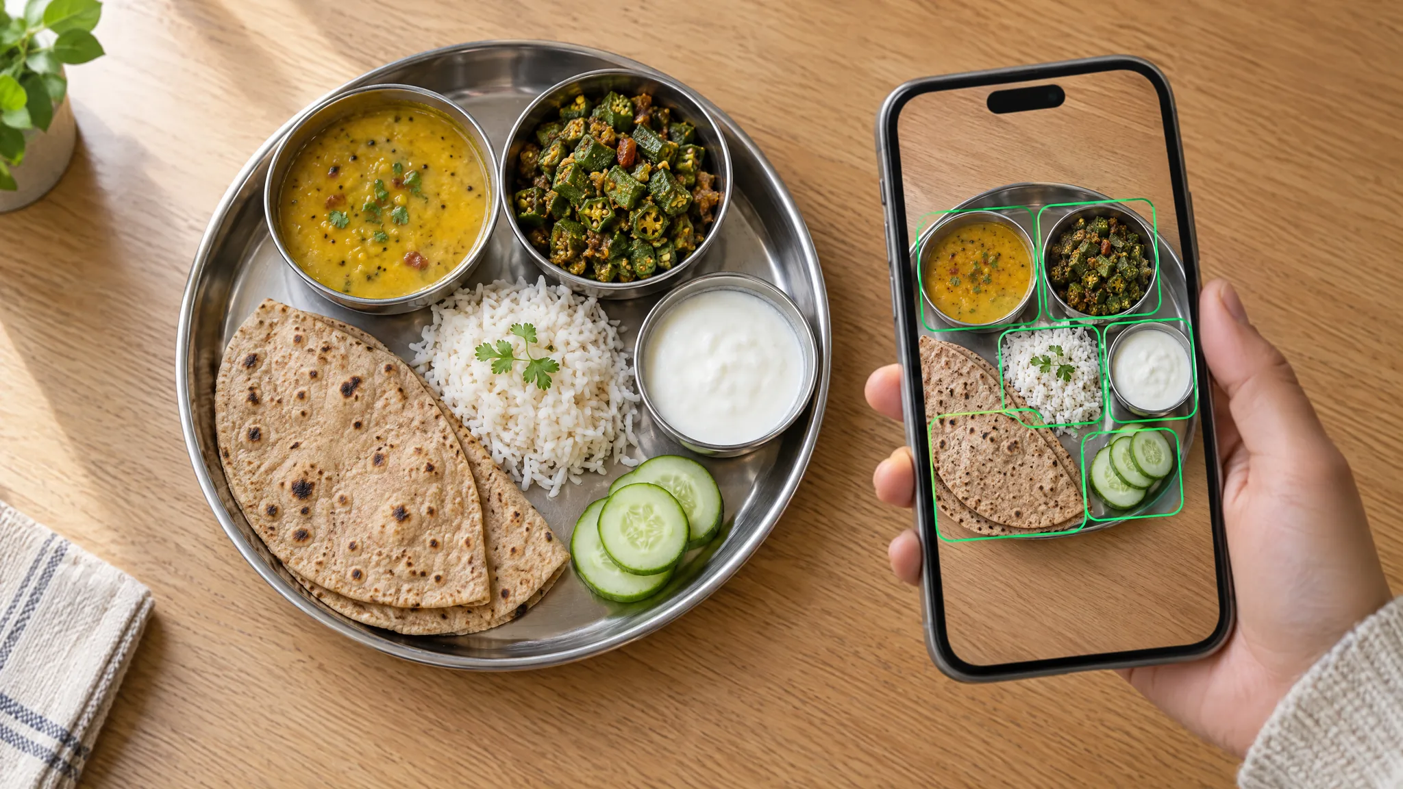 A hand holds a phone above a steel thali of roti, dal, bhindi sabzi, rice, curd and cucumber, with each dish outlined on the phone screen as the app recognises it.