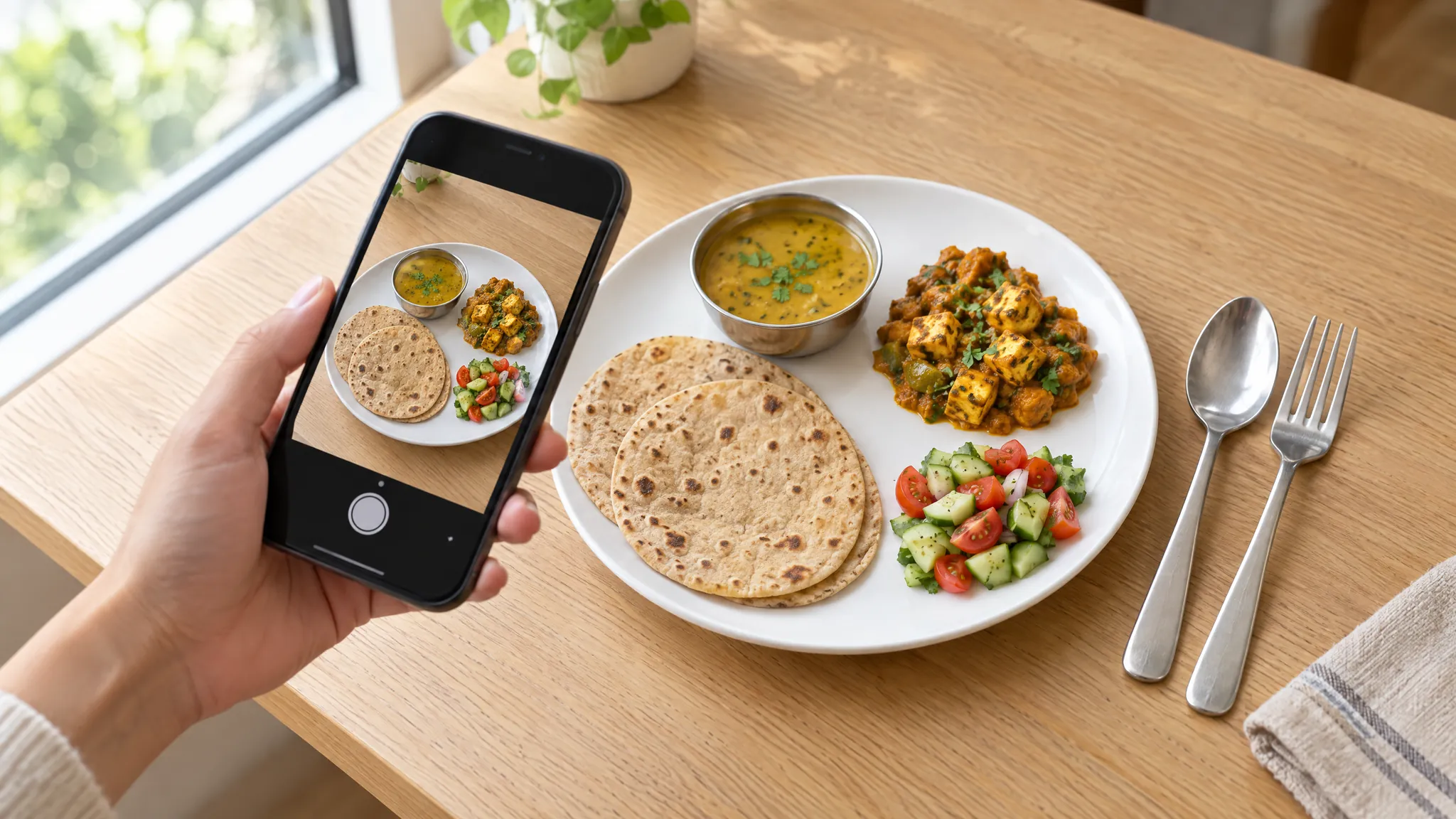 A hand holds a phone at an angle over a plate of roti, dal, paneer sabzi and salad in daylight, with a spoon and fork beside the plate.