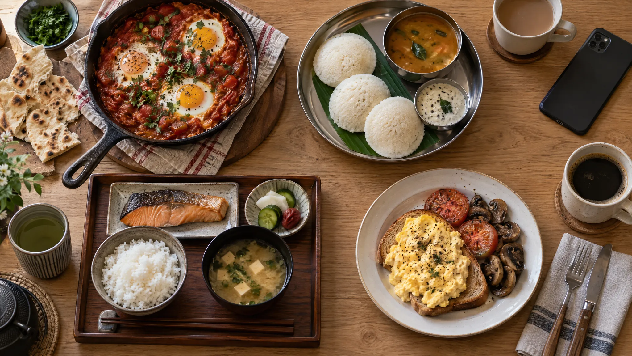 Four breakfasts on one table: shakshuka with flatbread, idli with sambar and coconut chutney, a Japanese breakfast of rice, miso soup and grilled salmon, and scrambled eggs on toast with grilled tomatoes and mushrooms.