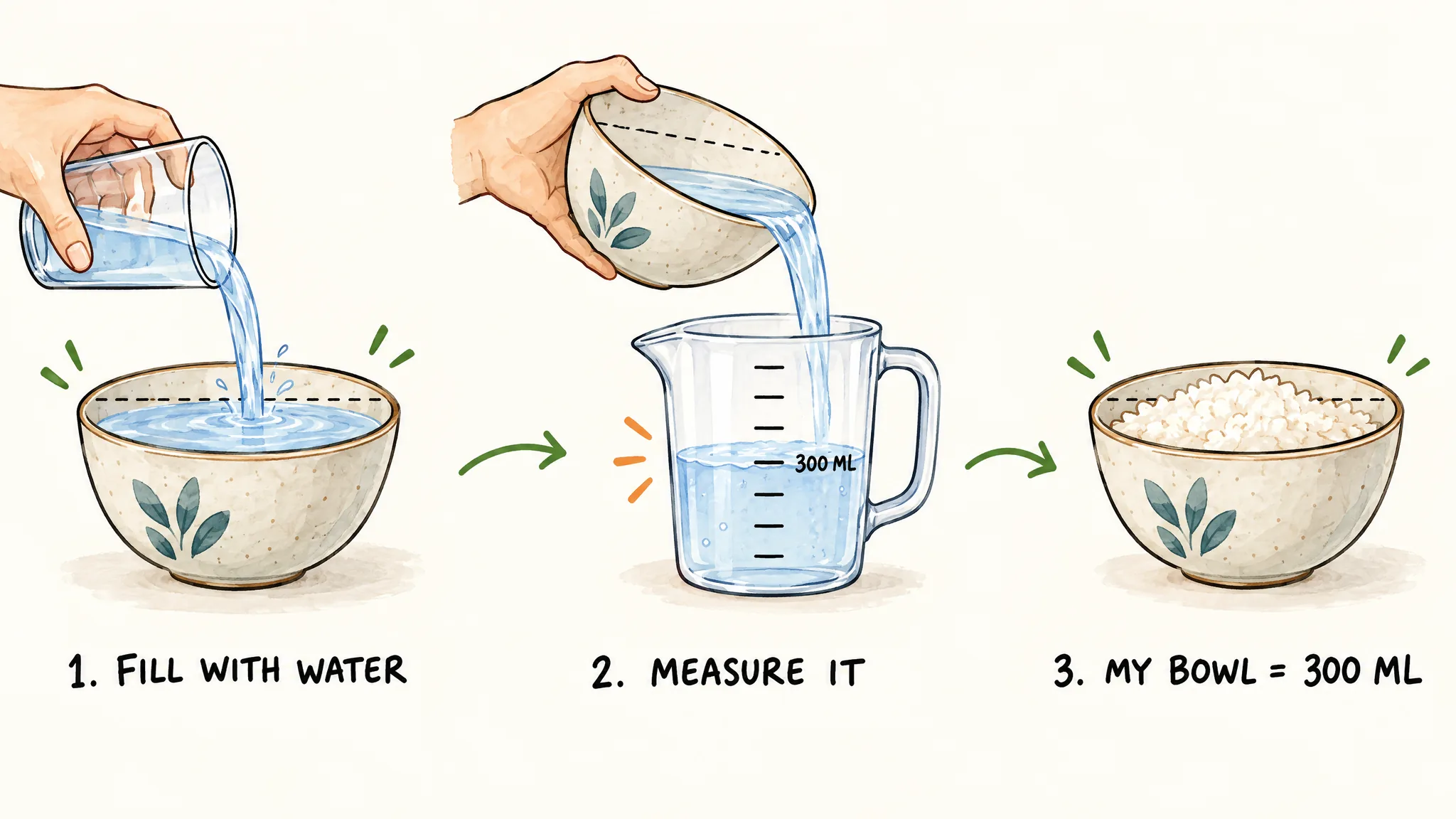 A three-step drawing: a hand pours water from a glass into an everyday bowl up to a dotted fill line, the water is poured from that bowl into a measuring jug and reaches the 300 ml mark, and the same bowl is shown filled with rice to the same line, labelled "my bowl = 300 ml".