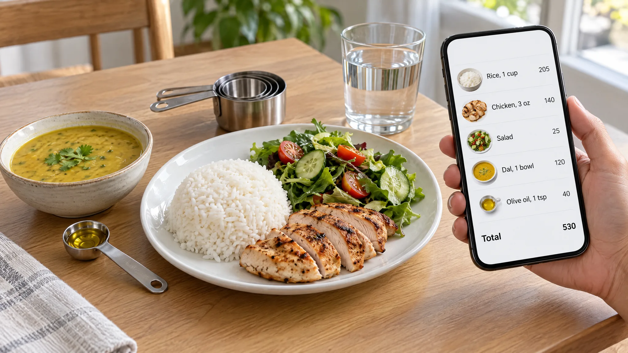 A hand holds a phone showing a simple food log (rice, 1 cup; chicken, 3 oz; salad; dal, 1 bowl; olive oil, 1 tsp; 530 in total) beside a plate of rice, sliced grilled chicken and salad on a light-wood table, with a bowl of yellow dal, a set of measuring cups, a measuring teaspoon of olive oil and a glass of water.