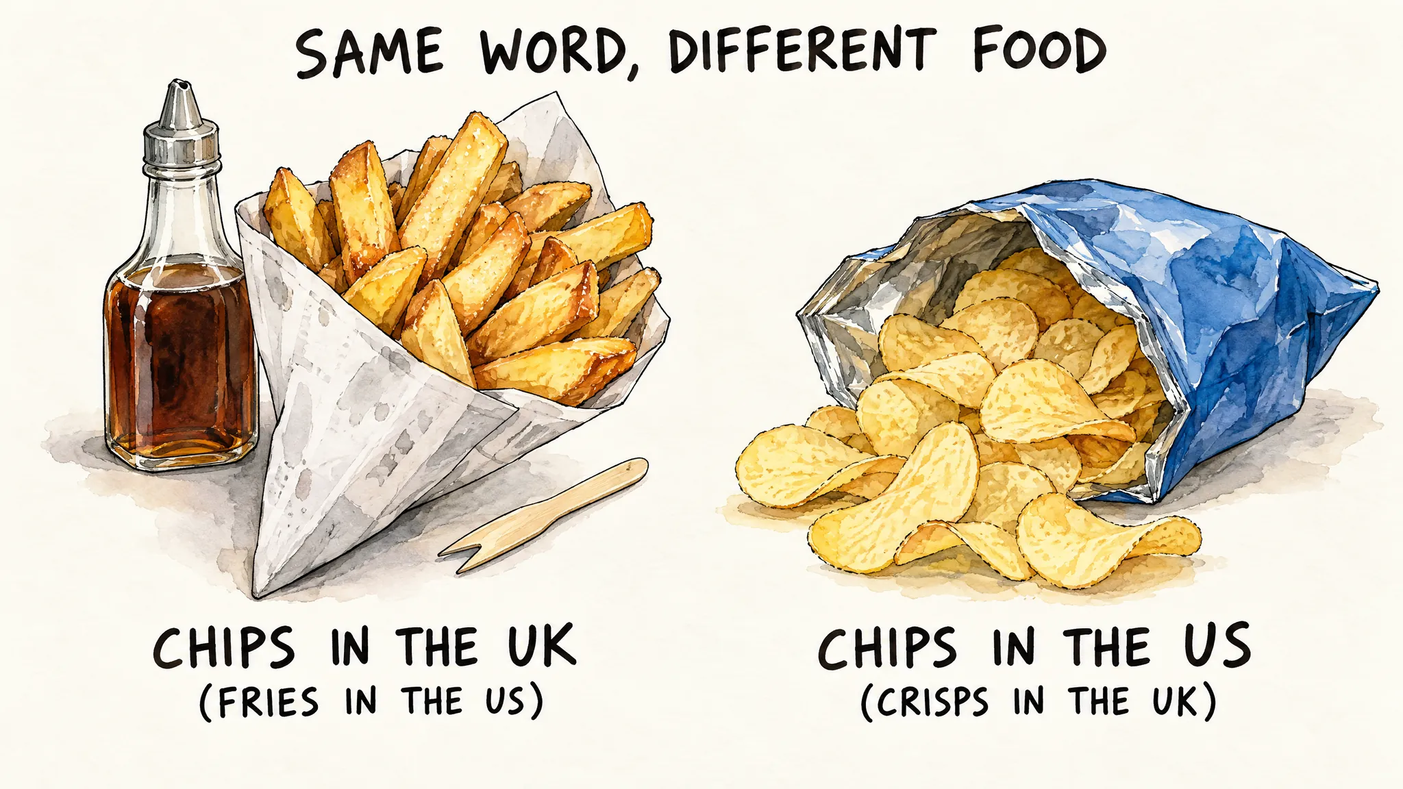 Same word, different food: a paper cone of thick-cut chips with a bottle of malt vinegar, labelled "chips in the UK (fries in the US)", next to an open bag of crisps, labelled "chips in the US (crisps in the UK)".