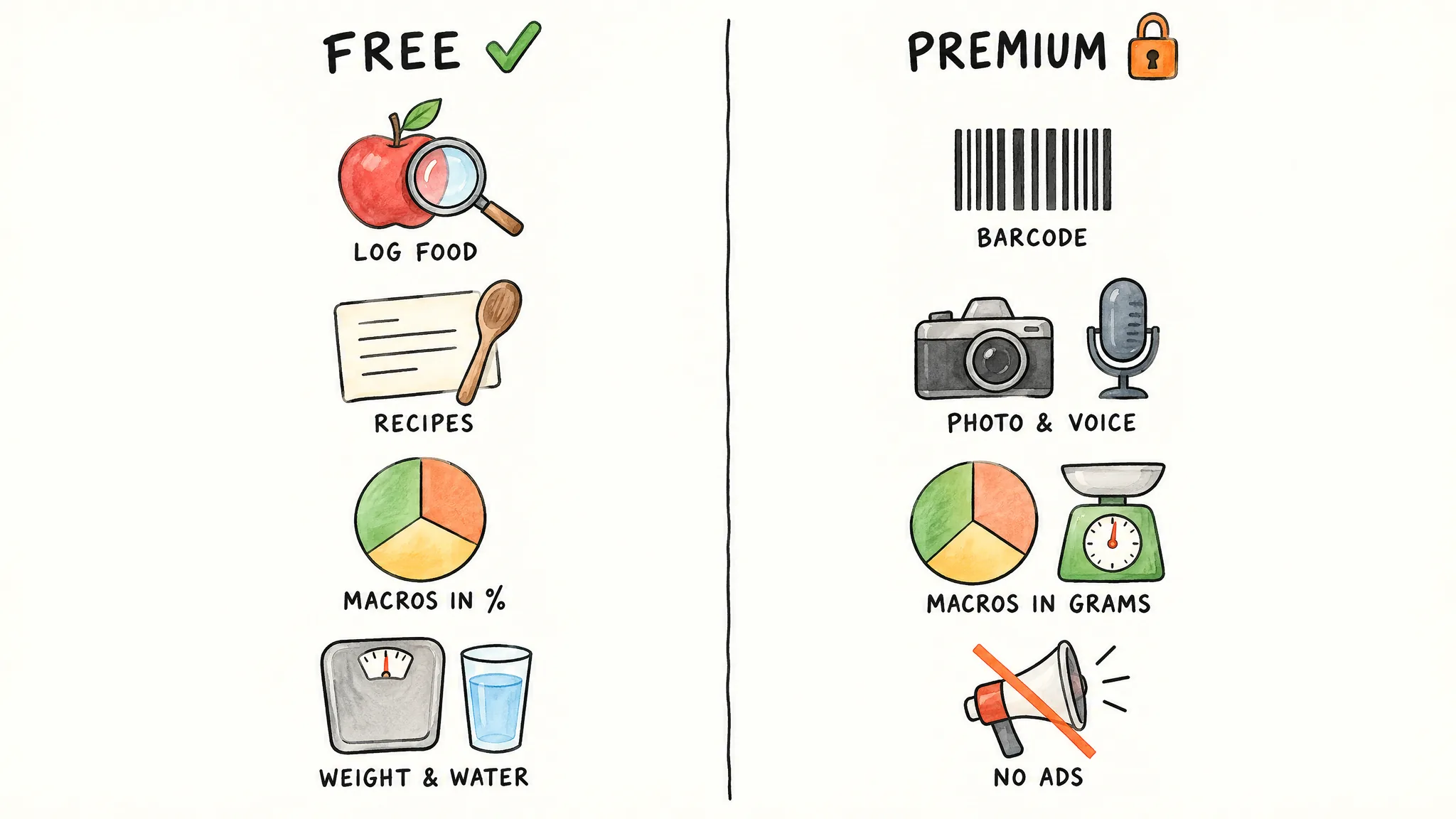 A hand-drawn chart in two columns. Under FREE: log food (a magnifying glass over an apple), recipes, macros in % (a pie chart) and weight & water (a scale and a glass); under PREMIUM, with a small padlock: barcode, photo & voice (a camera and a microphone), macros in grams (a pie chart beside a kitchen scale) and no ads (a crossed-out megaphone).