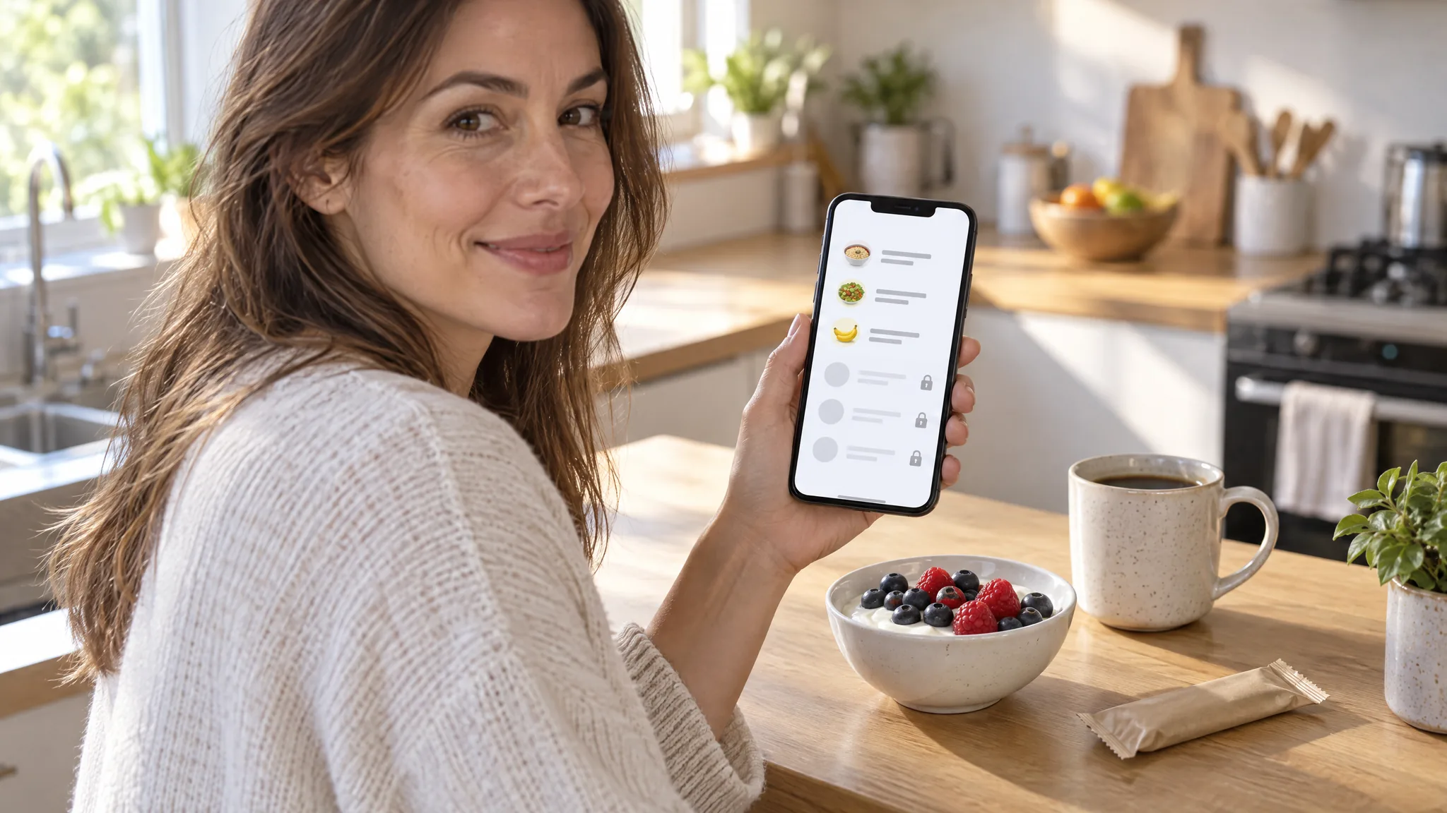 A woman at a light-wood kitchen counter holds a phone showing a simple food diary: the top rows list logged foods and the lower rows are greyed out with small padlock icons. Beside her are a mug of coffee, a bowl of yoghurt with berries and a snack bar in a plain wrapper.