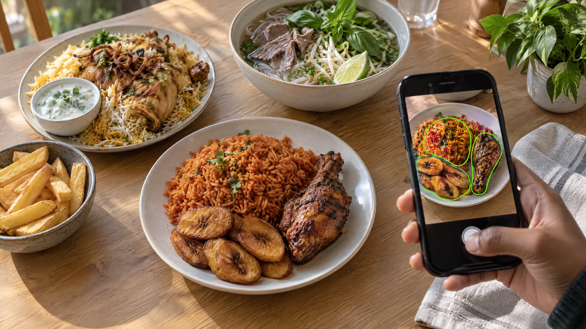 A hand holds a phone over a plate of jollof rice with fried plantain and grilled chicken, with each food outlined on the screen. Chicken biryani with raita, a bowl of pho and a bowl of chips sit nearby on the table.