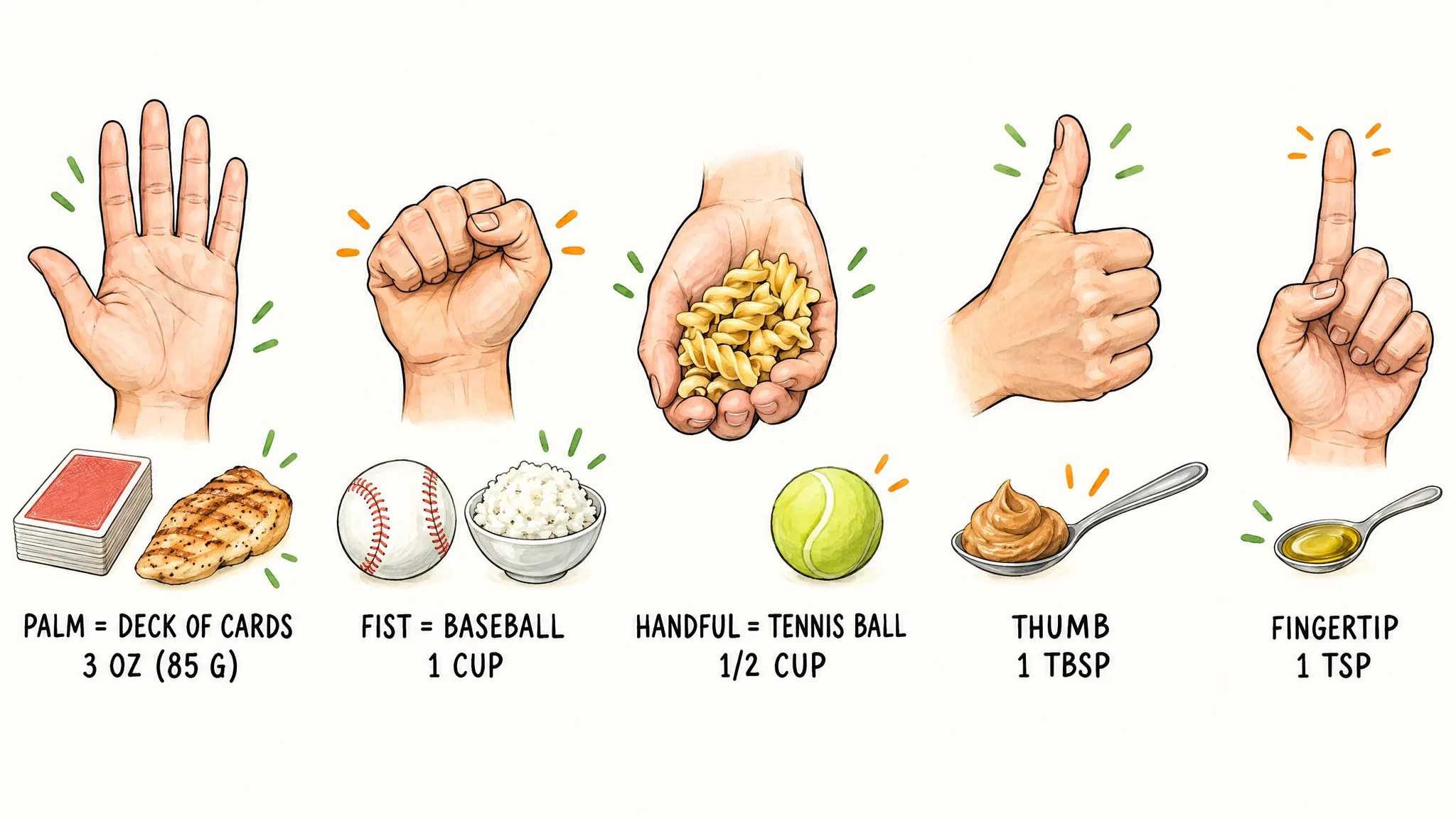 Five hand-drawn pairs of hands and everyday objects: an open palm beside a deck of cards and a chicken fillet (3 oz, 85 g), a fist beside a baseball and a bowl of rice (1 cup), one cupped hand holding a scoop of pasta beside a tennis ball (1/2 cup), a thumbs-up beside a spoonful of peanut butter (1 tbsp), and a raised index finger beside a teaspoon of oil (1 tsp).