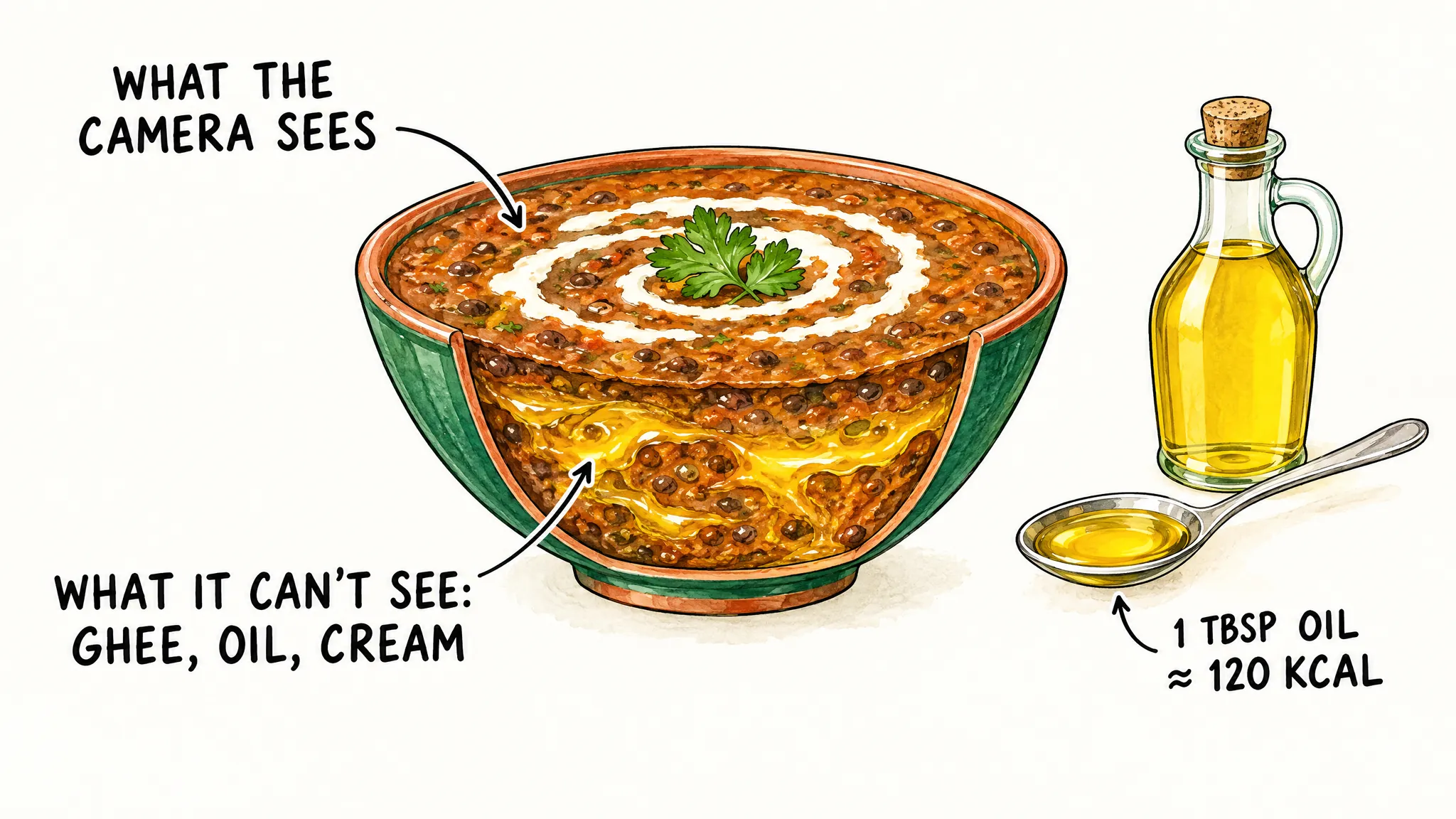 A cutaway bowl of dal makhani: the camera sees the surface with a swirl of cream, but not the ghee, oil and cream mixed through it. One tablespoon of oil is about 120 kcal.
