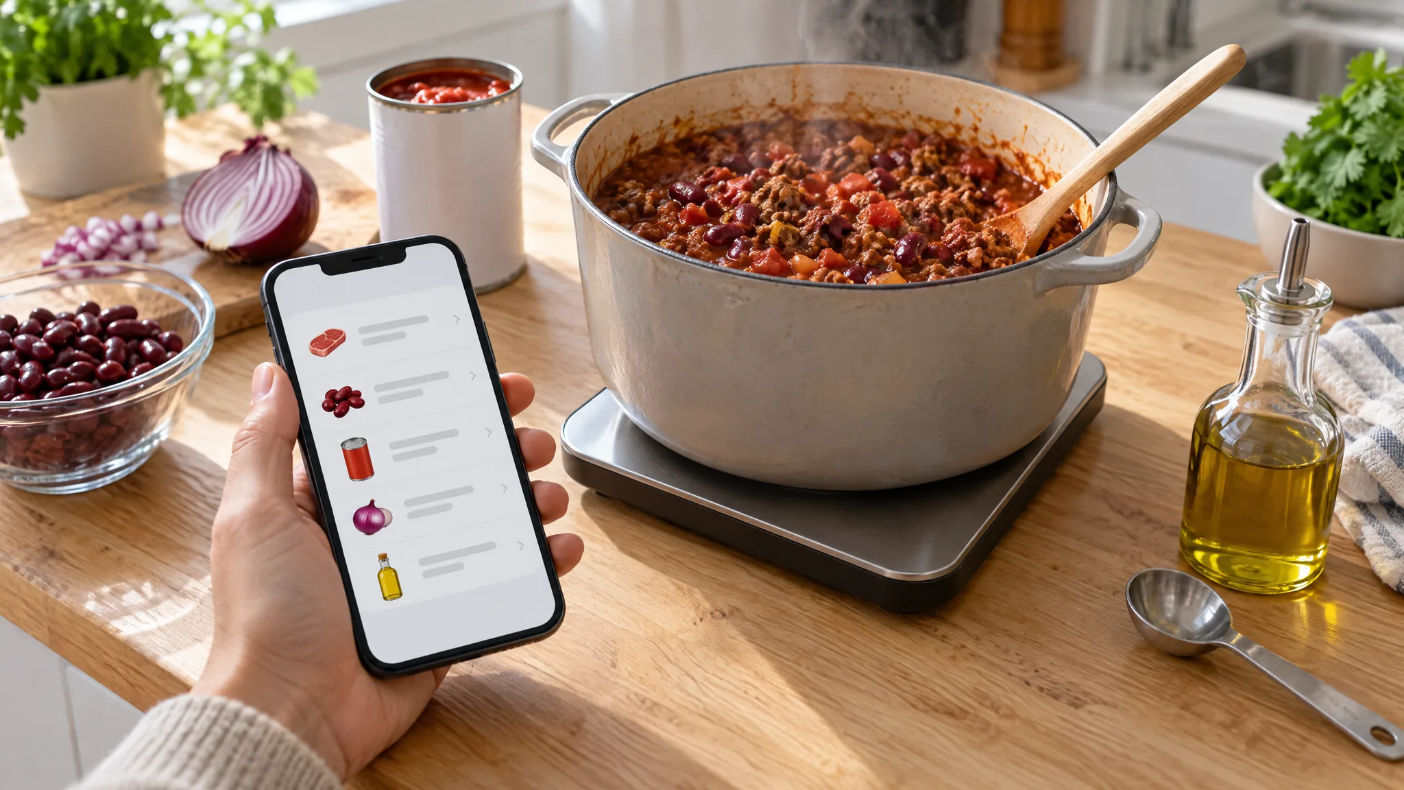 A pot of beef and bean chilli on a kitchen scale on a wooden counter, beside drained kidney beans, half a red onion, an opened can of tomatoes and a bottle of olive oil, while a hand holds a phone showing a list of ingredients.