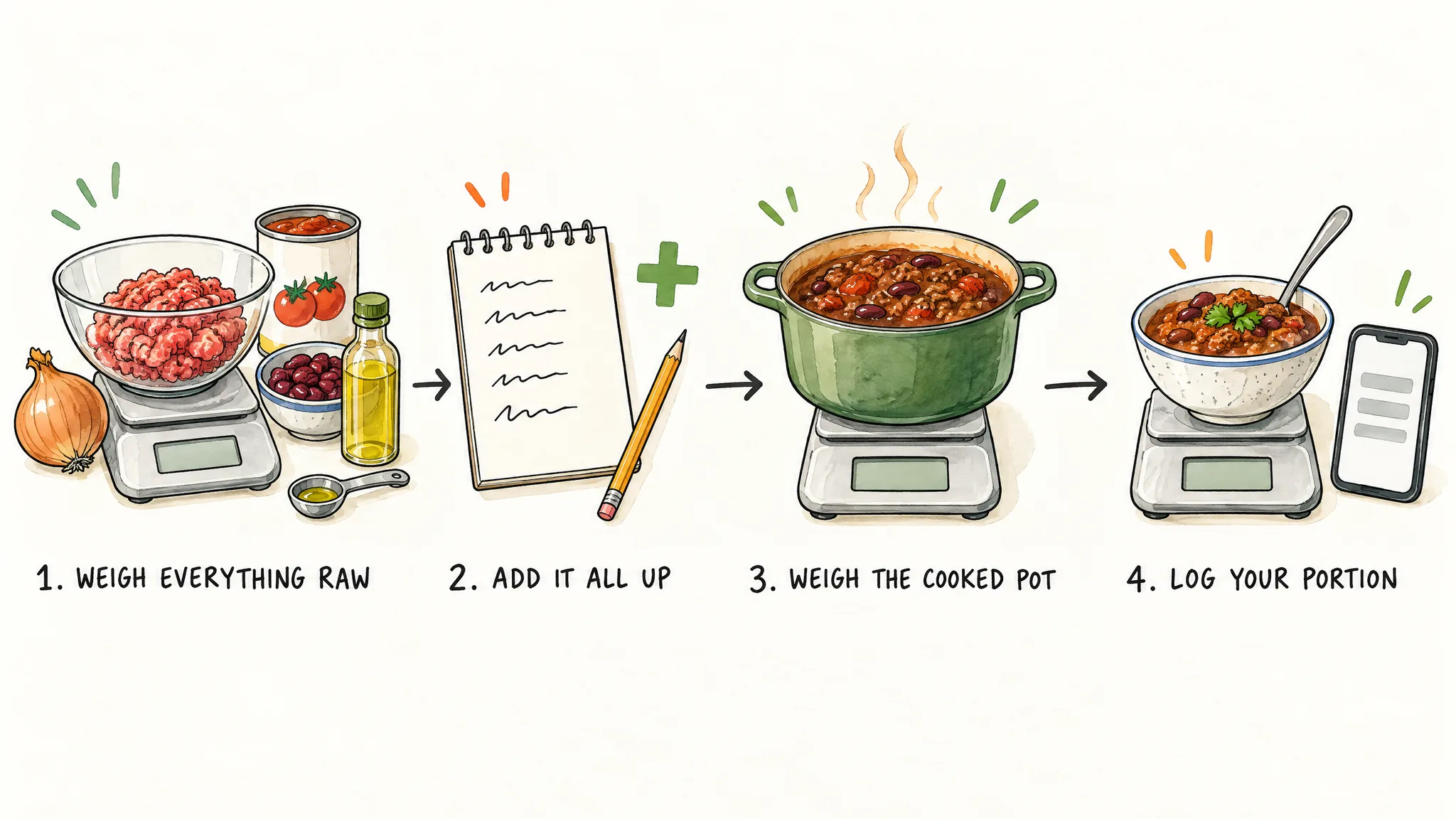 A hand-drawn four-step diagram: raw mince in a bowl on a kitchen scale beside an onion, a can of tomatoes, kidney beans and oil (weigh everything raw), a notepad and pencil with a plus sign (add it all up), the cooked pot of chilli on the scale (weigh the cooked pot), and one bowl of chilli on the scale beside a phone (log your portion).