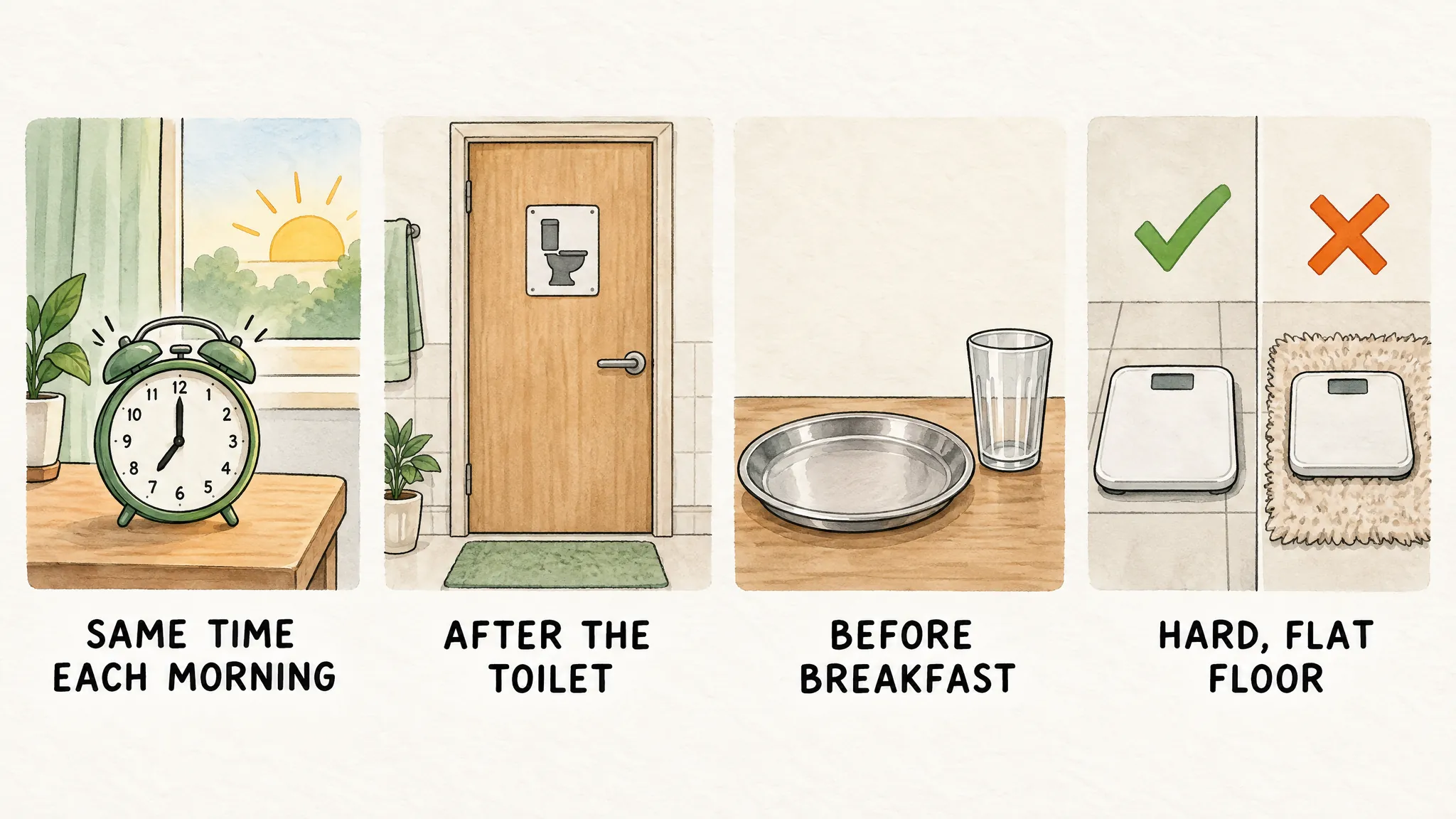 A watercolour checklist in four panels: an alarm clock by a sunny window (same time each morning), a bathroom door (after the toilet), an empty plate and glass (before breakfast), and a scale on floor tiles with a green tick beside a scale on a rug with an orange cross (hard, flat floor).
