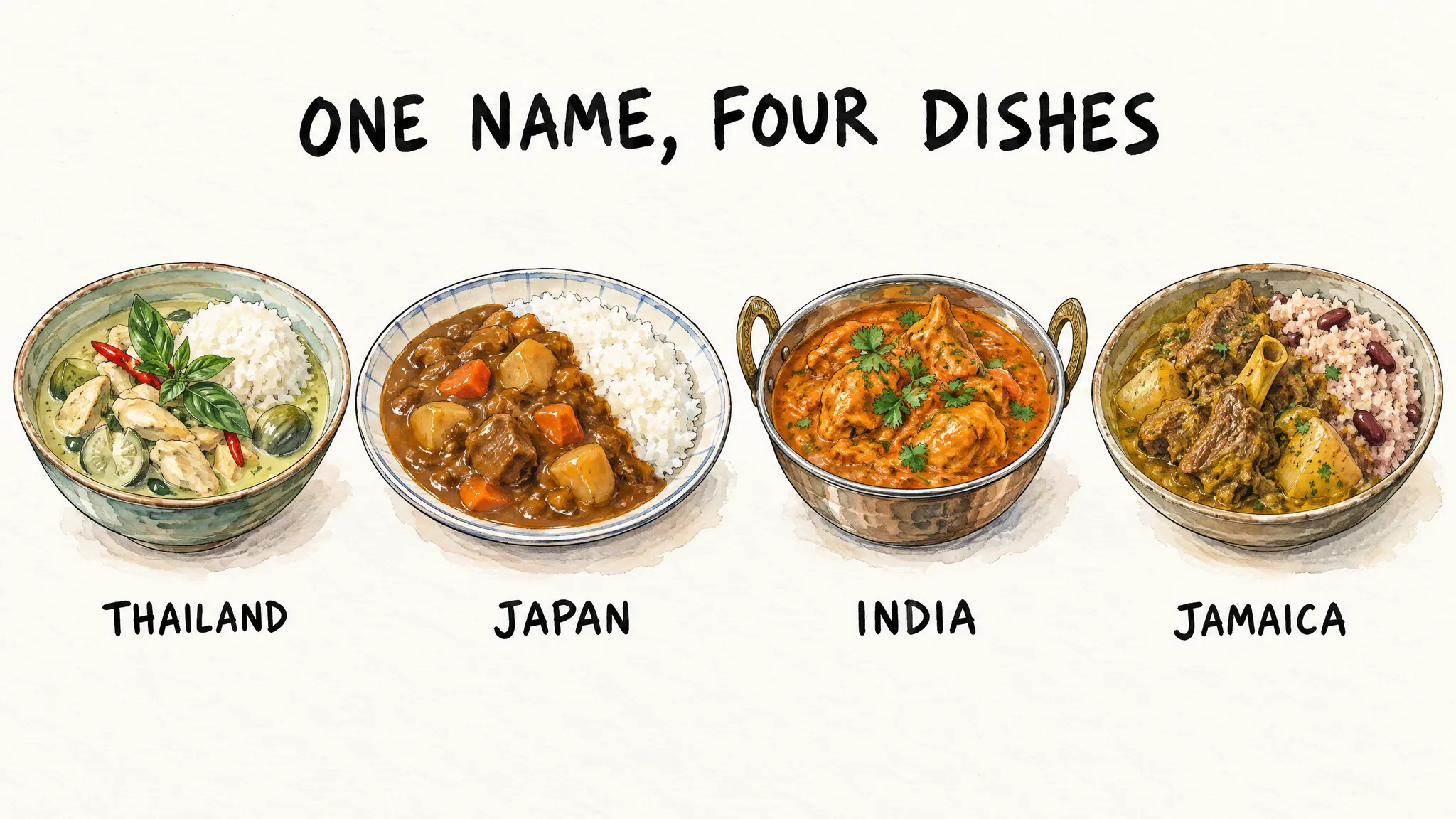 One name, four dishes: Thai green curry with jasmine rice, Japanese curry with potato and carrot beside rice, a North Indian chicken curry, and Jamaican curry goat with rice and peas, labelled Thailand, Japan, India and Jamaica.