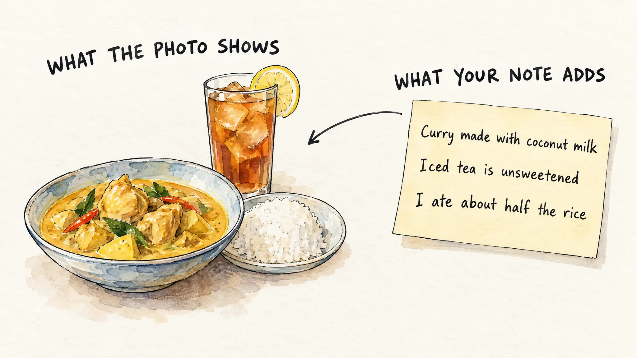What the photo shows: a bowl of curry, a plate of rice and a glass of iced tea. What your note adds, written on a card: "Curry made with coconut milk", "Iced tea is unsweetened", "I ate about half the rice".