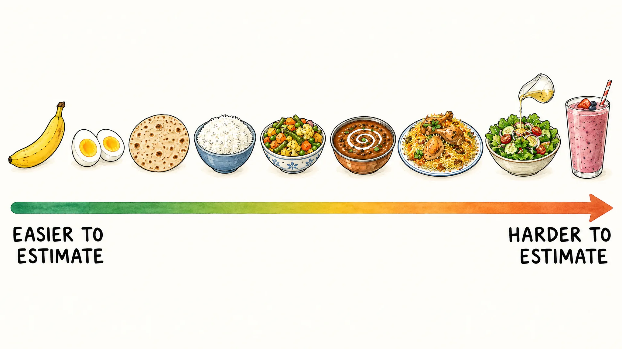 A row of hand-drawn foods along an arrow from easier to harder to estimate: banana, boiled egg, roti, rice, sabzi, dal makhani, biryani, salad with dressing and a smoothie.