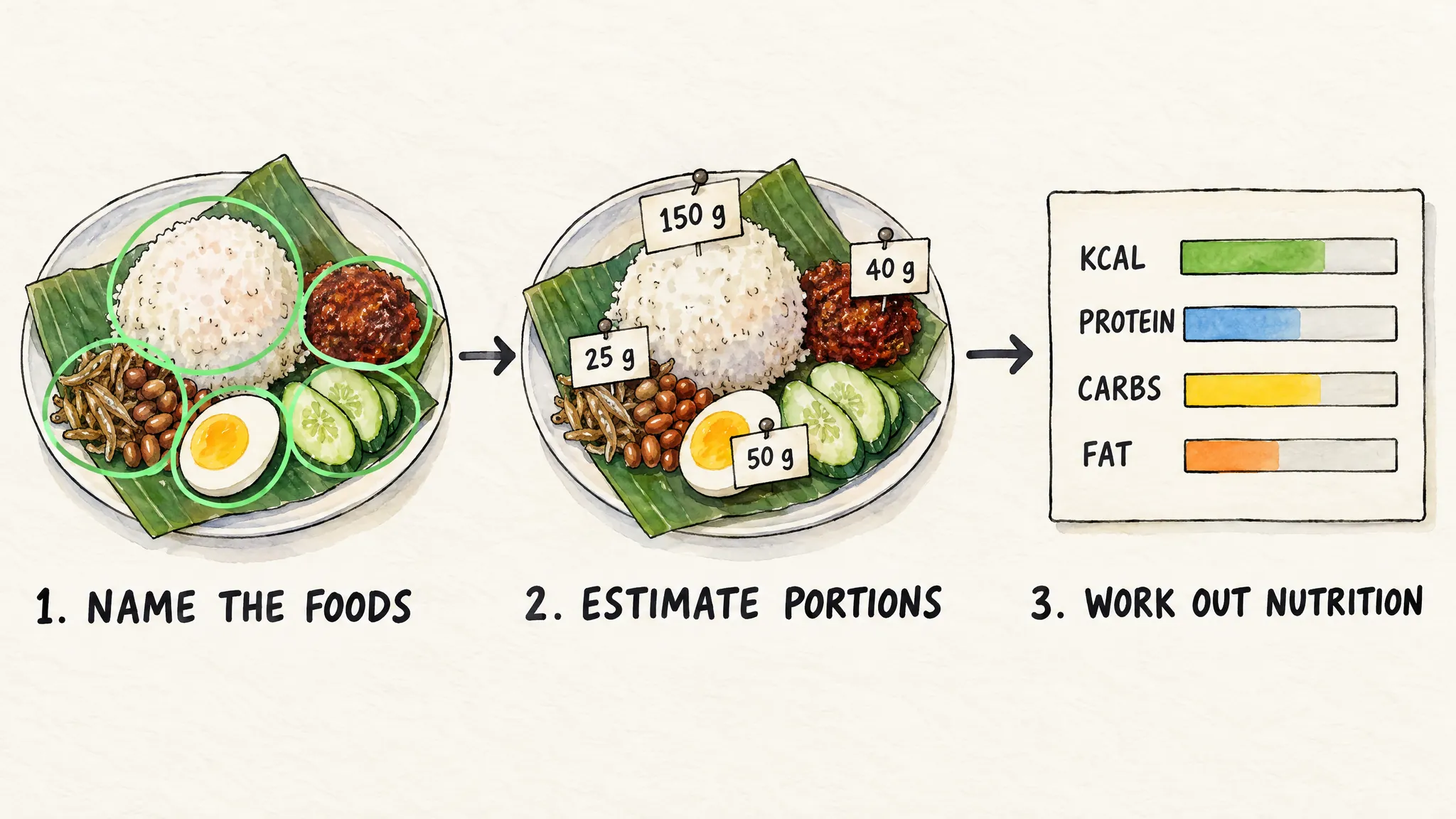 A plate of nasi lemak in three steps. 1. Name the foods: each food on the plate is circled. 2. Estimate portions: gram tags on the rice, sambal, anchovies and peanuts, and egg. 3. Work out nutrition: bars for calories, protein, carbs and fat.