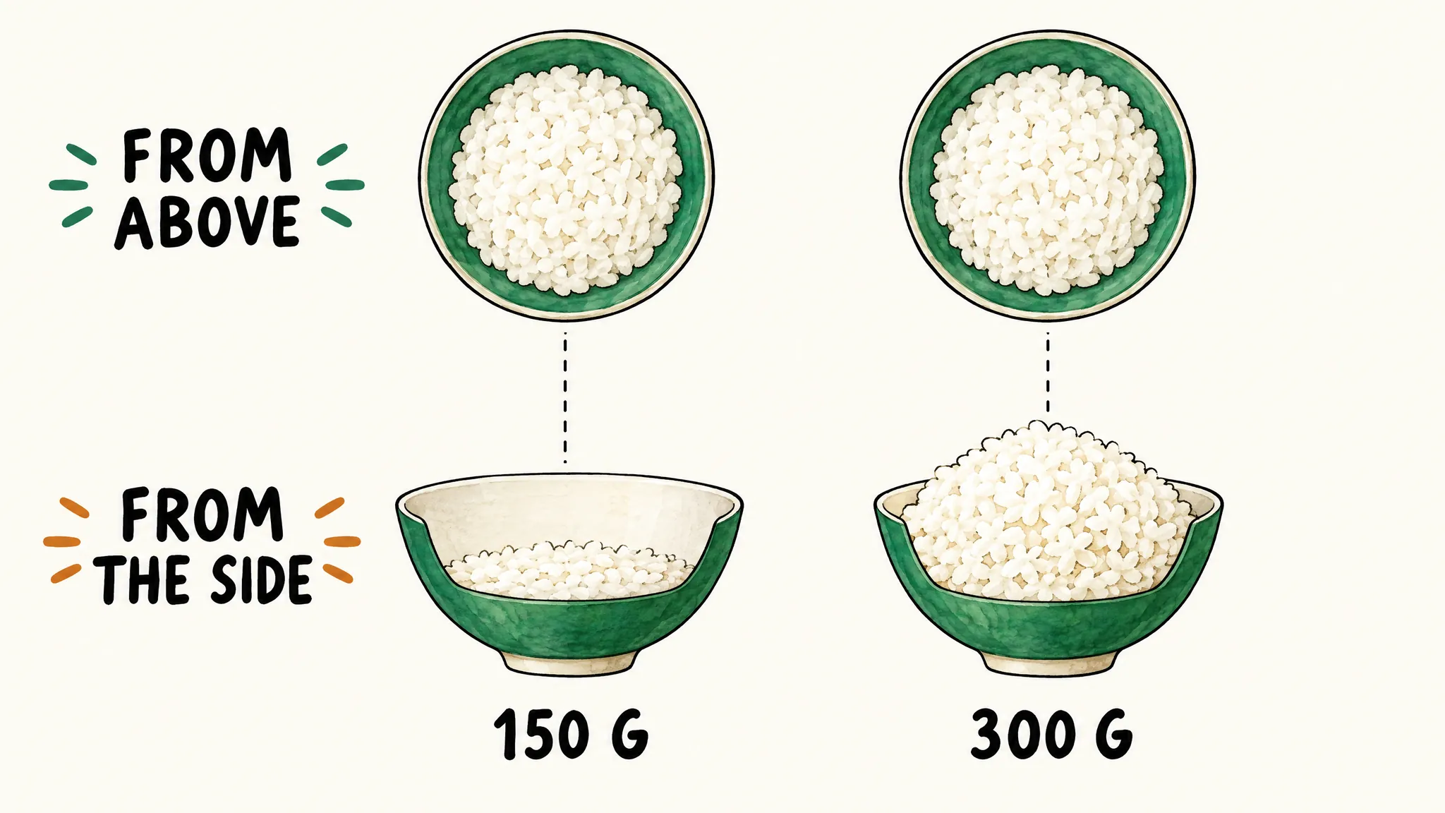 Two bowls of rice look identical from above, but from the side one holds 150 g and the other 300 g.
