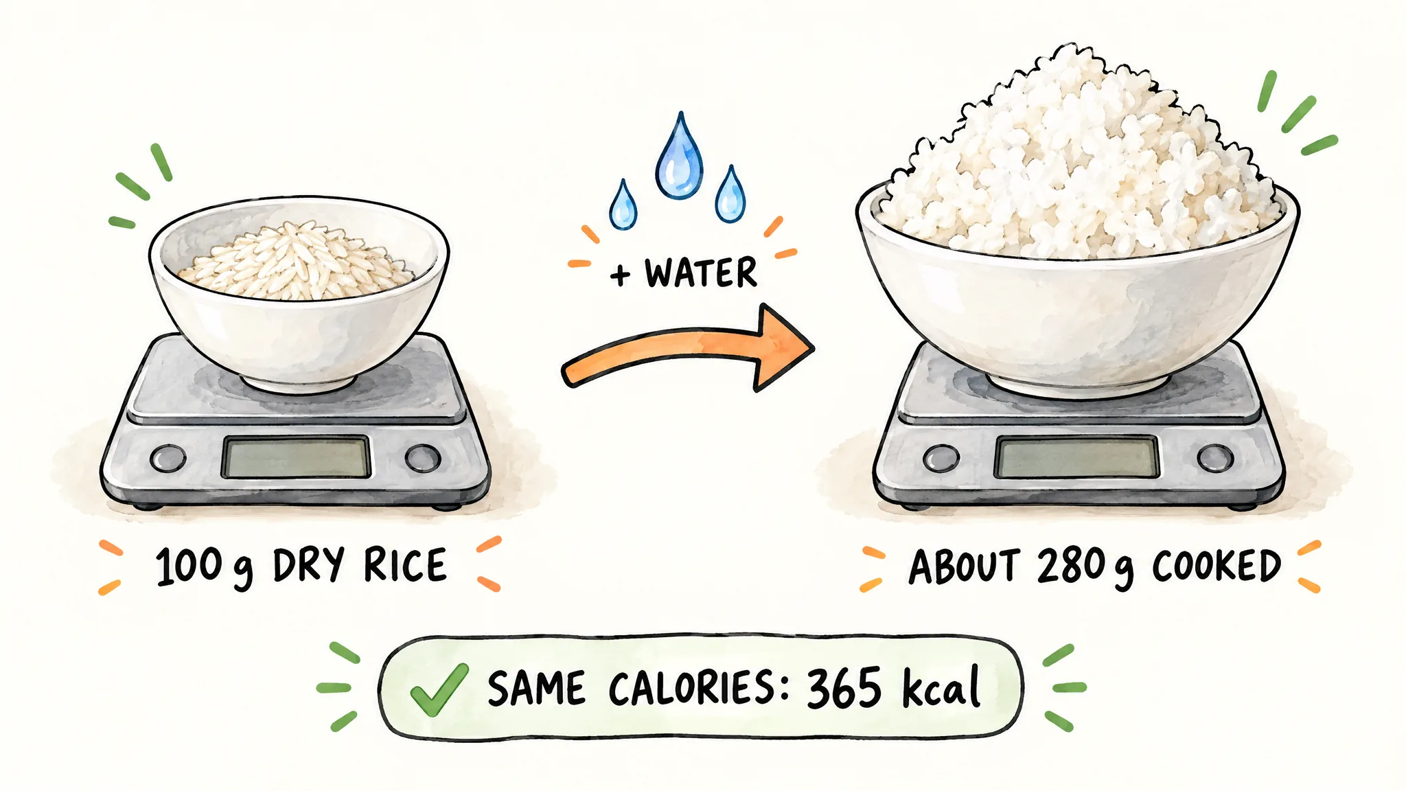 A hand-drawn diagram: 100 g of dry rice in a small bowl on a kitchen scale, an arrow marked plus water, and about 280 g of cooked rice in a much fuller bowl on an identical scale, with a banner saying both have the same 365 kcal.