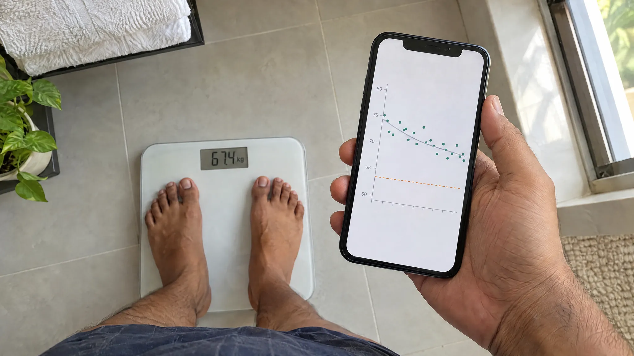 Looking down at bare feet on a bathroom scale that reads 67.4 kg, while one hand holds a phone showing a weight chart: dots that zigzag up and down, with a smooth line sloping gently down through them and a dashed target line below.