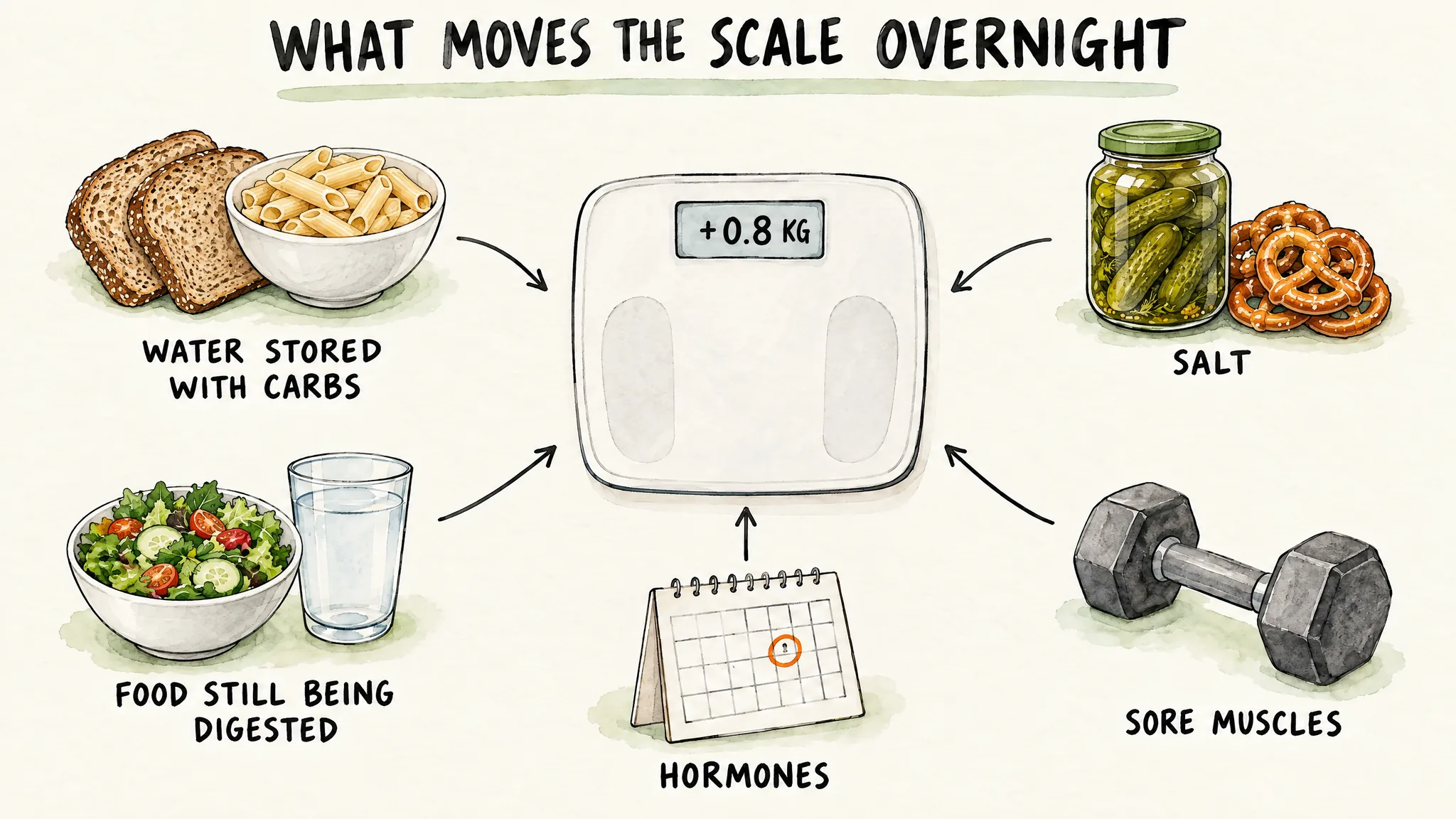 A watercolour diagram titled "What moves the scale overnight": a bathroom scale reading +0.8 kg, with arrows pointing to it from slices of bread and a bowl of pasta (water stored with carbs), a jar of pickled gherkins and some pretzels (salt), a bowl of salad and a glass of water (food still being digested), a calendar (hormones) and a dumbbell (sore muscles).